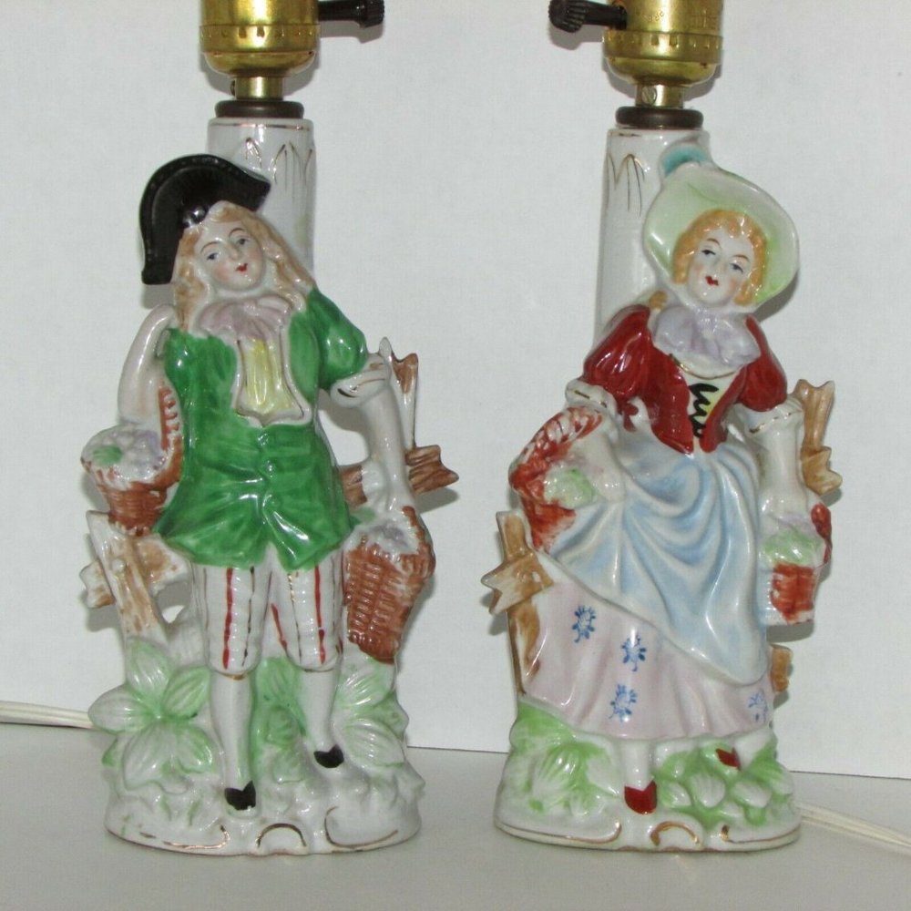 2 Lamps 1940's Figural Dresser Boudoir Occupied Japan Vintage Handpainted Lights